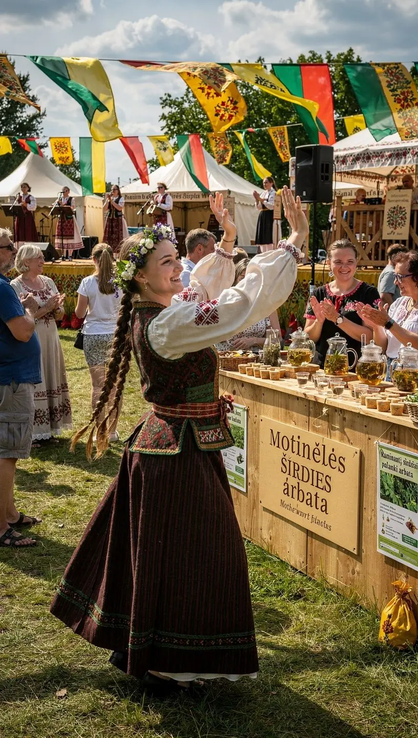 Moteriškas širdies arbatos puodelis su motinėlės žolelėmis, patiekiamas ant medinio stalo.