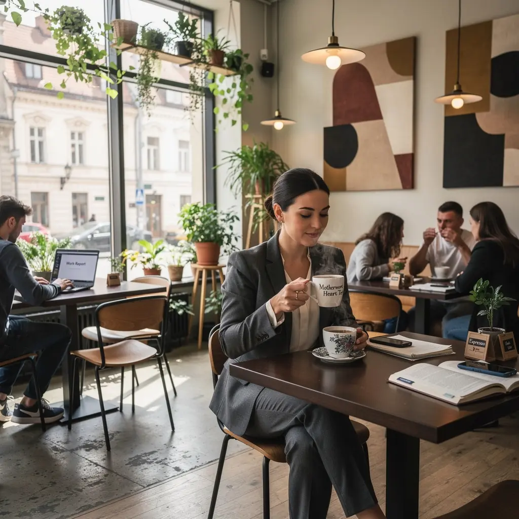 Šiltas motinėlės širdies arbatos puodelis, šalia širdies sveikatos patarimų knygos.
